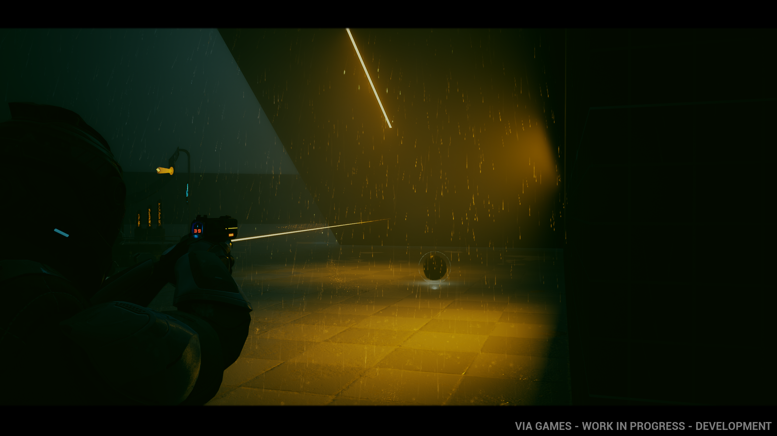 ARCDROP Stress Test 02 gameplay: an operative firing a laser weapon at a hovering orb in a rain-soaked, gold-lit test chamber.